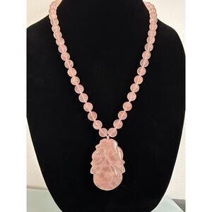 Handmade Rose Quartz Knotted 32 inch Necklace, 2 inch Rose Centerpiece